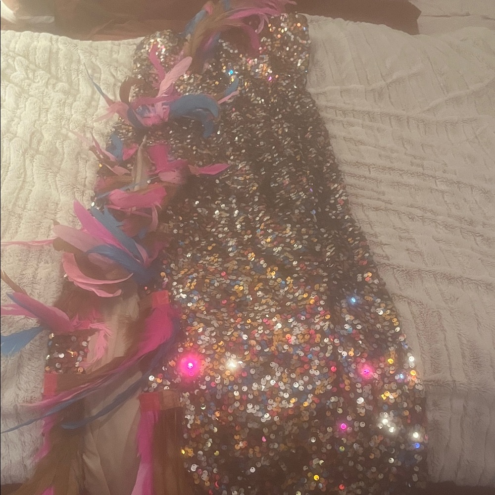 Sequin Multicolor Dress with Feather Accents